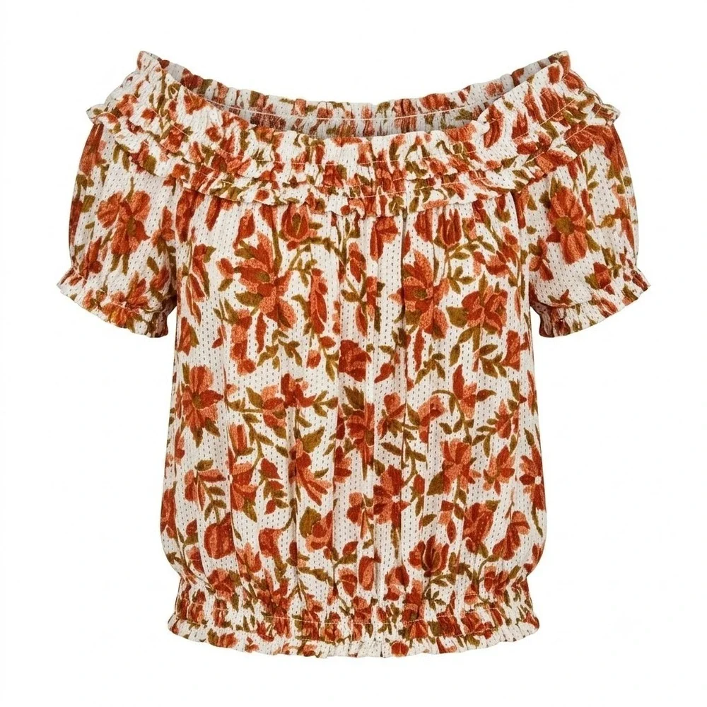 NEW Free People FP One Floral Smocked Peasant Top White‎ Orange Boho Medium - AC